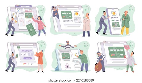 Hacker activity. Hacking computer. Phishing account, steal data, cyber attack. Stealing password. Cyber crime, theft personal information, cyber security spy access. Internet fraud scenes set metaphor