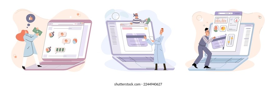 Hacker activity. Hacking computer. Phishing account, steal data, cyber attack. Stealing password. Cyber crime, theft personal information, cyber security spy access. Internet fraud scenes set metaphor