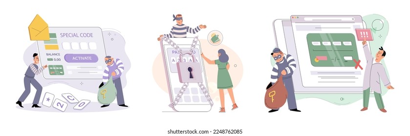 Hacker activity. Hacking computer. Phishing account, steal data, cyber attack. Stealing password. Cyber crime, theft personal information, cyber security spy access. Internet fraud scenes set metaphor