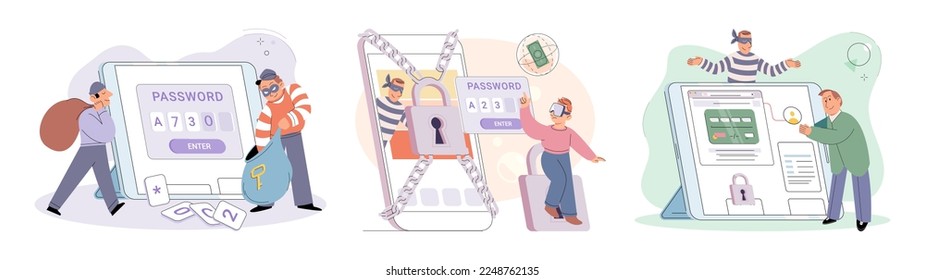 Hacker activity. Hacking computer. Phishing account, steal data, cyber attack. Stealing password. Cyber crime, theft personal information, cyber security spy access. Internet fraud scenes set metaphor