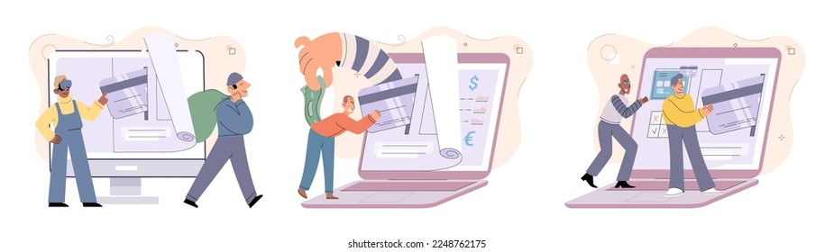 Hacker activity. Hacking computer. Phishing account, steal data, cyber attack. Stealing password. Cyber crime, theft personal information, cyber security spy access. Internet fraud scenes set metaphor
