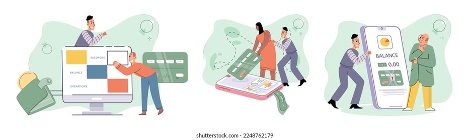 Hacker activity. Hacking computer. Phishing account, steal data, cyber attack. Stealing password. Cyber crime, theft personal information, cyber security spy access. Internet fraud scenes set metaphor