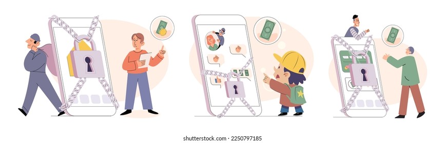 Hacker activity. Hacking computer. Phishing account, steal data, cyber attack. Stealing password. Cyber crime, theft personal information, cyber security spy access. Internet fraud scenes set metaphor