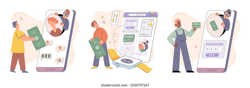 Hacker activity. Hacking computer. Phishing account, steal data, cyber attack. Stealing password. Cyber crime, theft personal information, cyber security spy access. Internet fraud scenes set metaphor