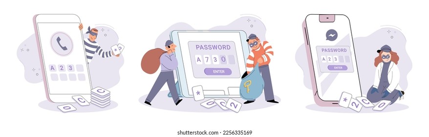 Hacker activity. Hacking computer. Phishing account, steal data, cyber attack. Stealing password. Cyber crime, theft personal information, cyber security spy access. Internet fraud scenes set metaphor