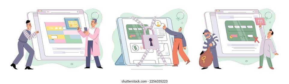 Hacker activity. Hacking computer. Phishing account, steal data, cyber attack. Stealing password. Cyber crime, theft personal information, cyber security spy access. Internet fraud scenes set metaphor