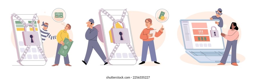 Hacker activity. Hacking computer. Phishing account, steal data, cyber attack. Stealing password. Cyber crime, theft personal information, cyber security spy access. Internet fraud scenes set metaphor