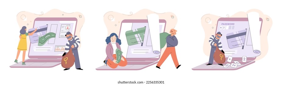 Hacker activity. Hacking computer. Phishing account, steal data, cyber attack. Stealing password. Cyber crime, theft personal information, cyber security spy access. Internet fraud scenes set metaphor