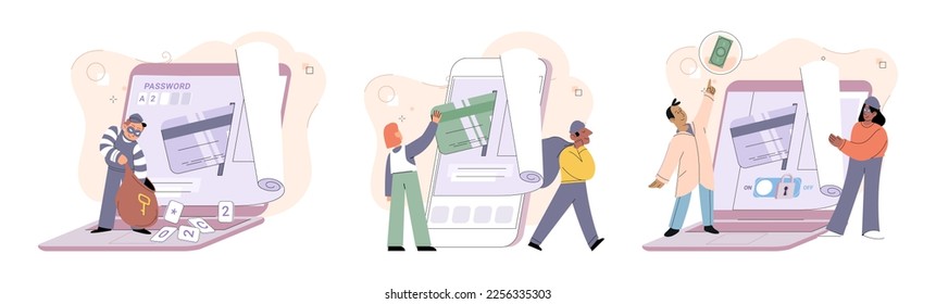 Hacker activity. Hacking computer. Phishing account, steal data, cyber attack. Stealing password. Cyber crime, theft personal information, cyber security spy access. Internet fraud scenes set metaphor