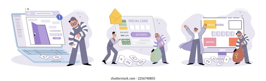 Hacker activity. Hacking computer. Phishing account, steal data, cyber attack. Stealing password. Cyber crime, theft personal information, cyber security spy access. Internet fraud scenes set metaphor