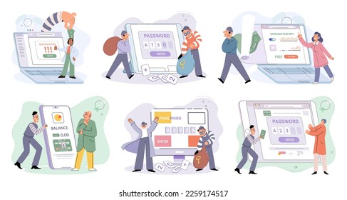 Hacker activity. Hacking computer. Phishing account, steal data, cyber attack. Stealing password. Cyber crime, theft personal information, cyber security spy access. Internet fraud scenes set metaphor