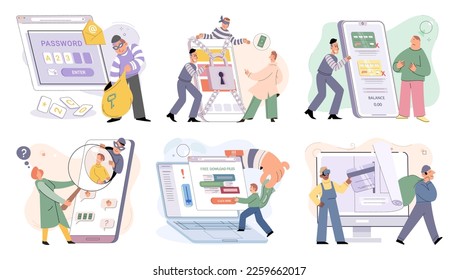 Hacker activity. Hacking computer. Phishing account, steal data, cyber attack. Stealing password. Cyber crime, theft personal information, cyber security spy access. Internet fraud scenes set metaphor