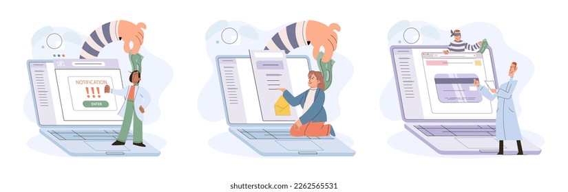 Hacker activity. Hacking computer. Phishing account, steal data, cyber attack. Stealing password. Cyber crime, theft personal information, cyber security spy access. Internet fraud scenes set metaphor