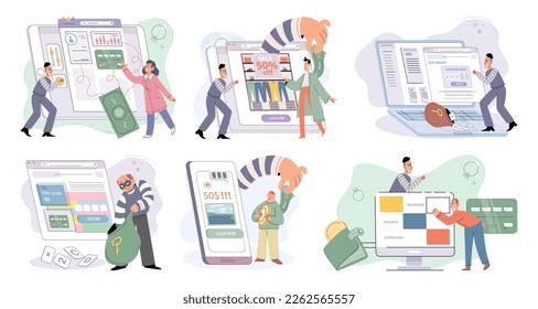 Hacker activity. Hacking computer. Phishing account, steal data, cyber attack. Stealing password. Cyber crime, theft personal information, cyber security spy access. Internet fraud scenes set metaphor