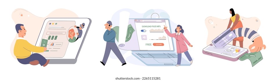 Hacker activity. Hacking computer. Phishing account, steal data, cyber attack. Stealing password. Cyber crime, theft personal information, cyber security spy access. Internet fraud scenes set metaphor