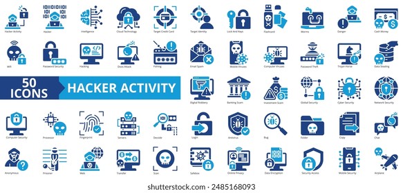 Hacker activity icon collection set. Containing hacker activity, artificial intelligence, cloud technology, worm virus, hacking, phishing, encryption icon. Simple line vector illustration.