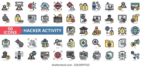 Hacker activity icon collection set. Containing ransomware, artificial intelligence, cloud technology, worm virus, hacking, phishing, encryption icon. Simple flat outline color illustration