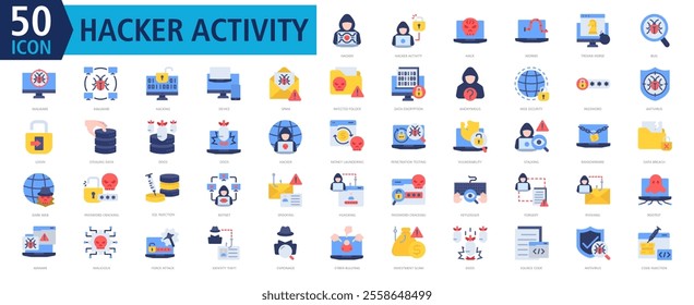 HACKER ACTIVITY ICONSET COLOR STYLE with hacker,hacker activity,hack,worms,trojan horse,bug,malware,malware,hacking,device	