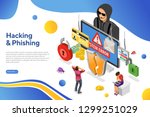 Hacker activity isometric concept. Hacking and phishing. Hacker steals password, credit card and email. Internet Security vector with flat isometric icons people, hacked lock, bug and computer