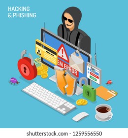 Hacker activity isometric concept. Hacking and phishing. Hacker steals password, credit card and email. Internet Security vector with flat isometric style icons hacked lock, bug and computer