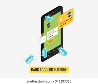 Hacker activity mobile phone and viruses bank account hacking flat illustration