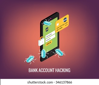 Hacker activity mobile phone and viruses bank account hacking flat illustration