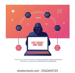 Hacker activity stealing data from file, cloud, database, mail, vector illustration concept Cybersecurity Awareness and Data Protection
