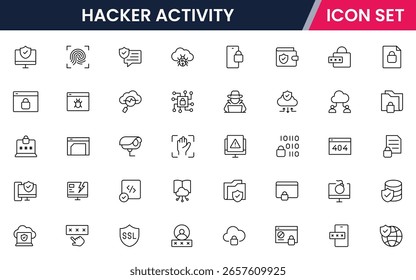 Hacker activity vector line icons featuring shields, locks, firewalls, encryption, passwords, malware protection, surveillance, data safety, and secure networks.
