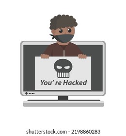 hacker african Hack advertencia a personaje de diseño emergente sobre fondo blanco