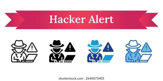 Hacker Alert Multi Style - person in disguise with a laptop and warning sign, representing cyber attack or hacking