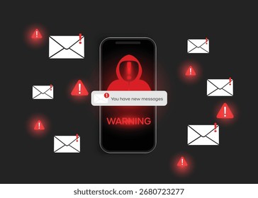 Alerta de hacker e e-mail de phishing scam aviso na tela do smartphone. Ameaça à cibersegurança e conceito de proteção de dados na Internet.