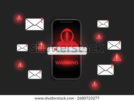 Hacker alert and phishing email scam warning on smartphone screen. Cybersecurity threat and internet data protection concept.
