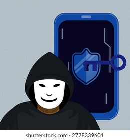 Hacker em máscara anônima enfrentando para abrir cadeado com chave no smartphone. Conceito de ataque cibernético, violação de dados e furtividade de conta pessoal.