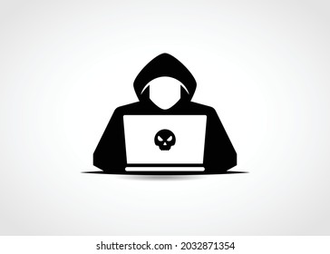Hacker anonymously stealing confidential data using laptop computer.