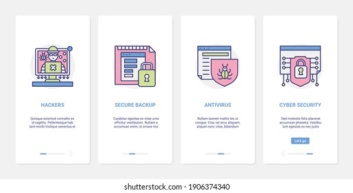 Hacker antivirus protection, cyber security technology vector illustration. UX, UI onboarding mobile app page screen set with tech line protective measures against hacking attack, secure backup