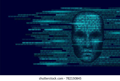 Hacker Artificial Intelligence Robot Danger Dark Face. Cyborg Binary Code Head Shadow Online Hack Alert Personal Data Intellect Mind Virtual Information Vector Illustration