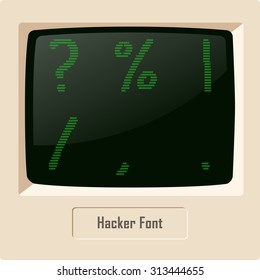 Hacker ASCII character font set on computer display. Vector image