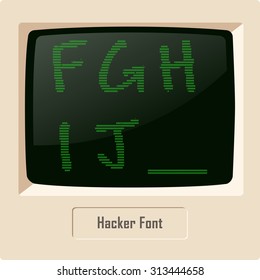 Hacker ASCII character font set on computer display. Vector image