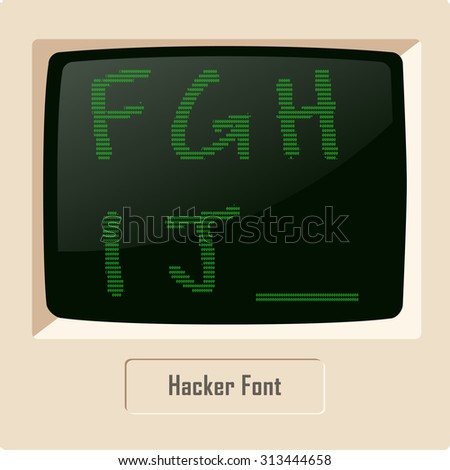 Hacker ASCII character font set on computer display. Vector image
