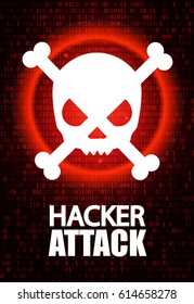 Hacker Attack Abstract Background with Binary Code, Skull, Bones and Place for Text. Pirate Icon with Jolly Roger. Vector illustration