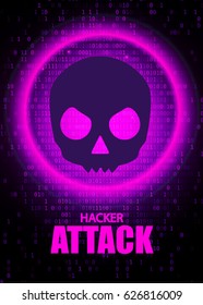 Hacker Attack Abstract Background with Binary Code, Skull, Bones and Place for Text. Pirate Icon with Jolly Roger. Vector illustration