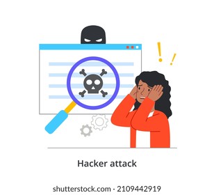 Hacker attack abstract concept. Criminal gained access to woman personal information. Female character with large magnifying glass Detects Malicious Software. Cartoon flat vector illustration