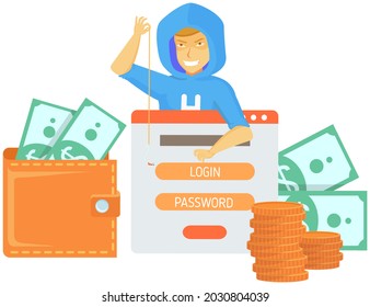 Hacker attack. Hacker breaks into computer. Cyber attacker cracker trying to hack laptop password. Breaking login, pin code, cracking screen lock, cartoon vector. Hacking protection security system
