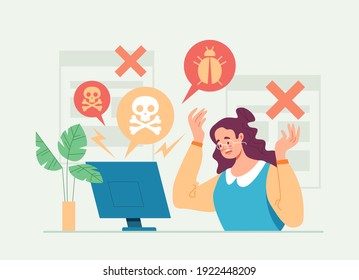 Hacker attack computer virus internet cyber crime concept. Vector cartoon flat graphic design illustration