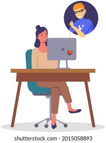 Hacker attack to computer of woman. Hacker breaks into system. Cyber attacker trying to hack computer. Breaking system, virus, cracking software. Worker protects PC from hacking vector illustration