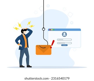 Hacker attack concept, internet phishing attack, fraud investigation, fraud prevention. Internet users open e-mail scams. Steal account privacy and passwords. Vector illustration in flat design