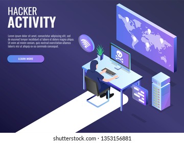 Hacker attack concept. Web banner, infographics. Isometric vector illustration.