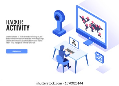 Hacker attack concept. Web banner, infographics. Isometric vector illustration.