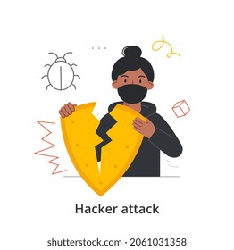 Hacker Attack concept. Woman hacks security system and breaks shield. Cyber crime and information theft. Unreliable protection system. Cartoon flat vector illustration isolated on white background