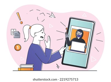 Hacker-Angriffskonzept. Junge Mädchen mit Smartphone in ihren Händen sieht beängstigenden Mann in schwarzer Maske. Urheberrechtsverletzungen und Diebstahl im Internet. Poster oder Banner für die Website. Cartoon-Flavektor-Vektorgrafik